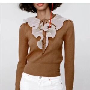 Zara Brown Sweater with Cream Ruffle Detail